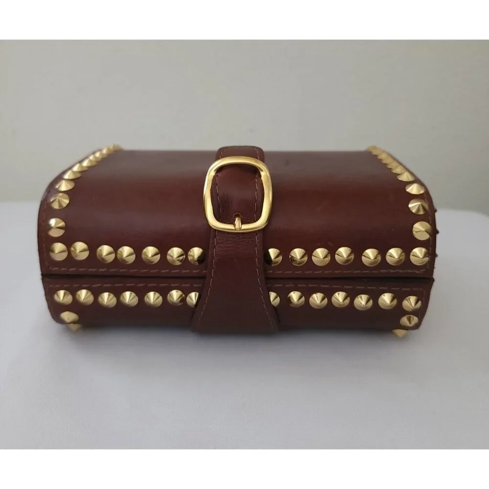 CC SKYE Brown Leather Studded Mini Handheld Clutch With Gold Buckle Detail - Picture 4 of 9